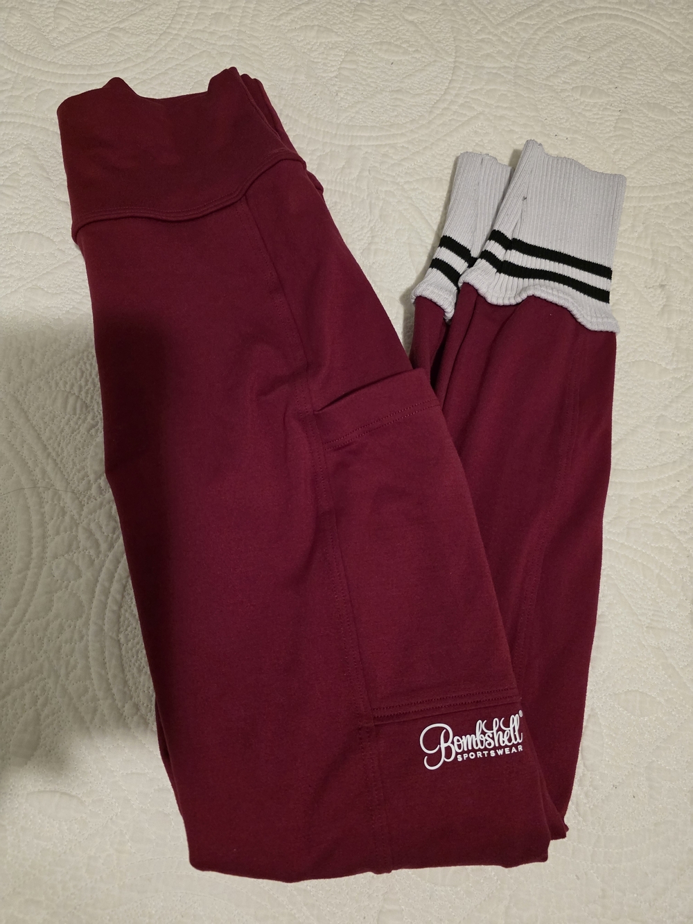 Bombshell Sportswear Burgundy Jogger Pants with White Ribbed Cuffs